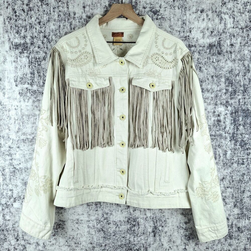 Scully Fringe Denim Jean Jacket Size 2X Country Western Off White Pockets